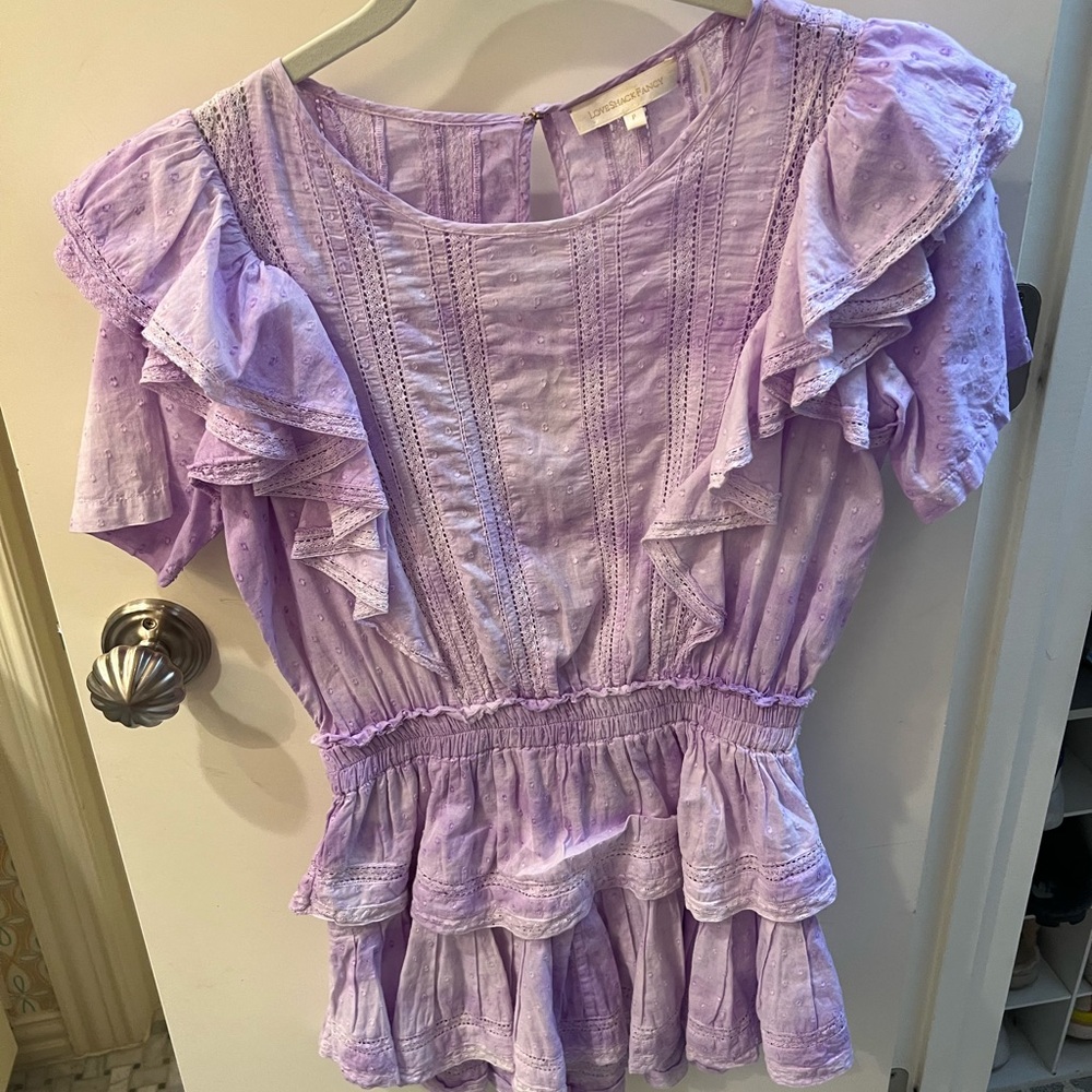 LoveShackFancy Purple Ruffled Tiered Short Sleeve Blouse